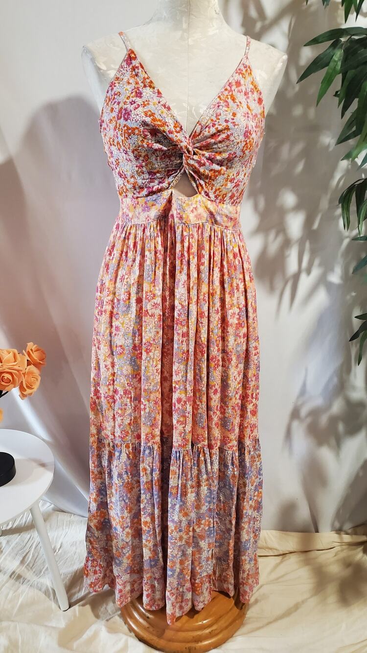 Angie Twist Front Smocked Tiered Maxi Dress Size L Pink Hippie Fairy Boho Floral